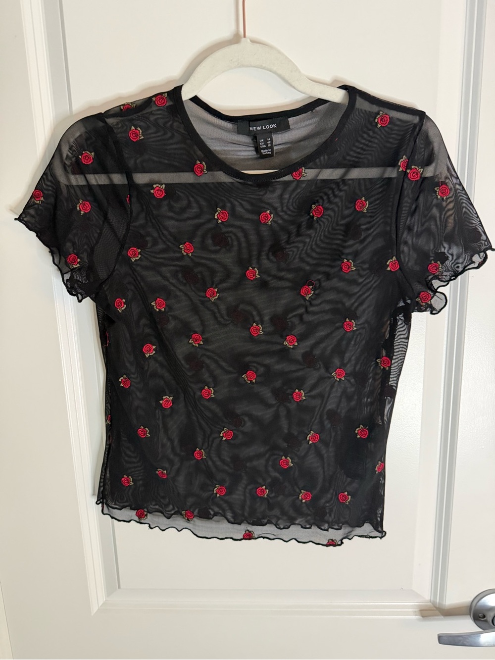 New Look Black Sheer Tee with Red Rose Embroidery